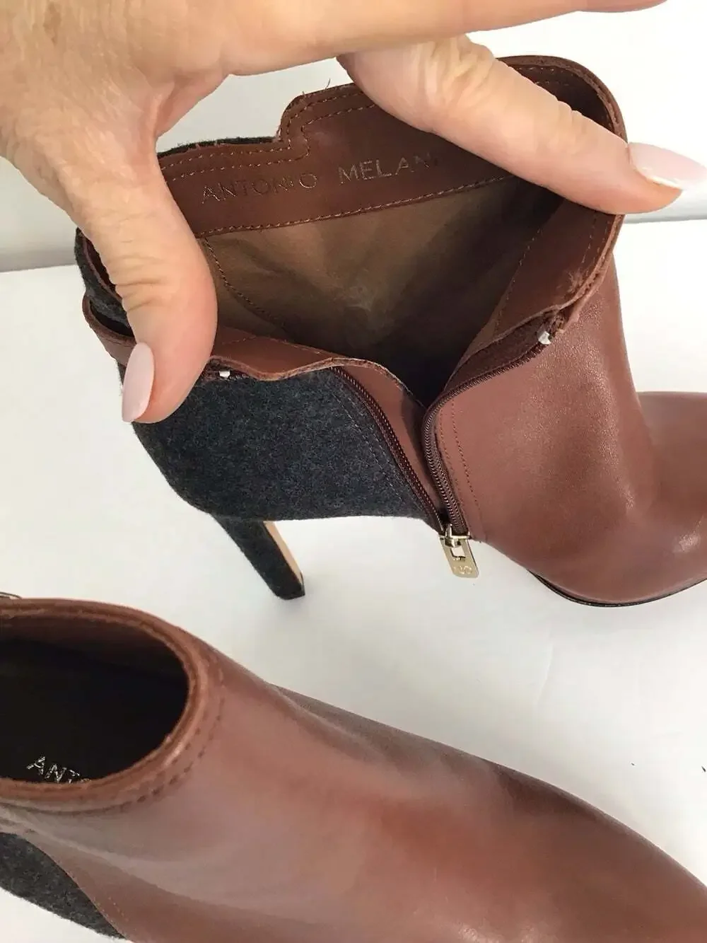 Antonio Melani NWOT Knight Lee Leather/Wool Heeled Ankle Boots Brown/Gray Sz 7.5